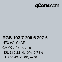 カラーコード: RGB 193.7 200.6 207.6 | qconv.com