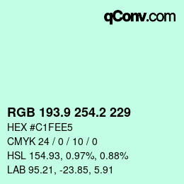 Color code: RGB 193.9 254.2 229 | qconv.com