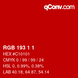 颜色代码: RGB 193 1 1 | qconv.com