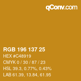 颜色代码: RGBA 196 137 25 1 | qconv.com