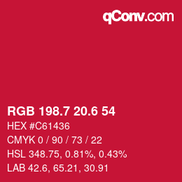 カラーコード: RGB 198.7 20.6 54 | qconv.com