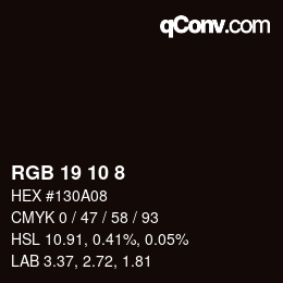 カラーコード: RGB 19 10 8 | qconv.com