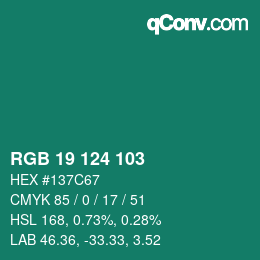 Color code: RGB 19 124 103 | qconv.com