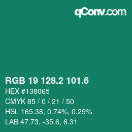 カラーコード: RGB 19 128.2 101.6 | qconv.com