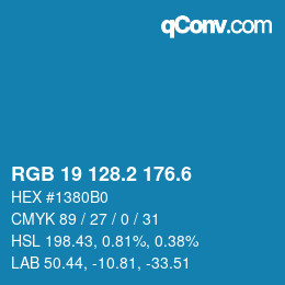 カラーコード: RGB 19 128.2 176.6 | qconv.com