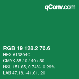カラーコード: RGB 19 128.2 76.6 | qconv.com