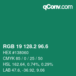 カラーコード: RGB 19 128.2 96.6 | qconv.com