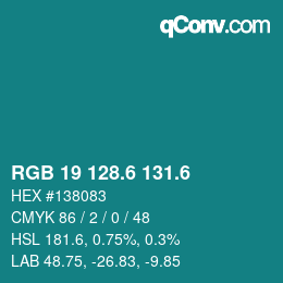 カラーコード: RGB 19 128.6 131.6 | qconv.com