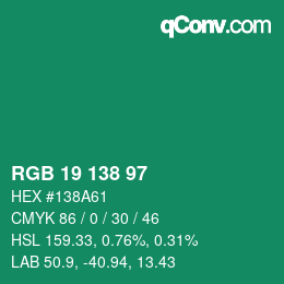 Color code: RGB 19 138 97 | qconv.com