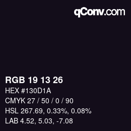 Color code: RGB 19 13 26 | qconv.com