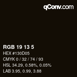カラーコード: RGB 19 13 5 | qconv.com