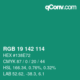 Color code: RGB 19 142 114 | qconv.com