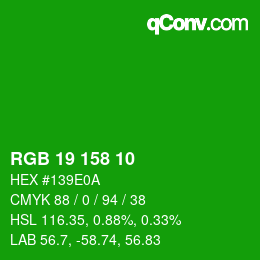 カラーコード: RGB 19 158 10 | qconv.com