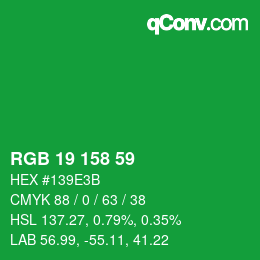カラーコード: RGB 19 158 59 | qconv.com