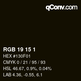 Color code: RGB 19 15 1 | qconv.com