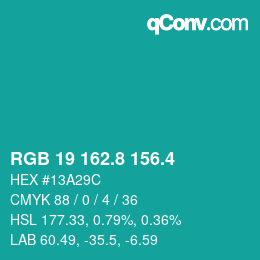 カラーコード: RGB 19 162.8 156.4 | qconv.com