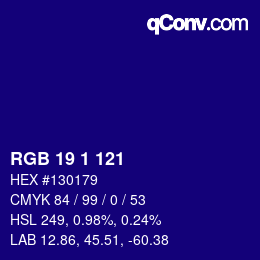 Color code: RGB 19 1 121 | qconv.com