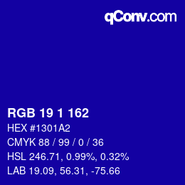 Farbcode: RGB 19 1 162 | qconv.com