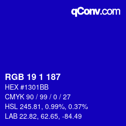 Color code: RGB 19 1 187 | qconv.com