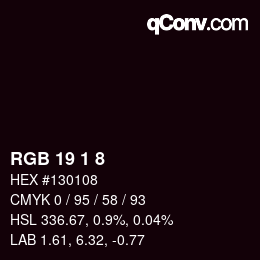 Color code: RGB 19 1 8 | qconv.com