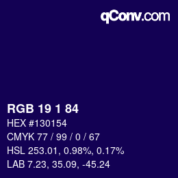 Color code: RGB 19 1 84 | qconv.com