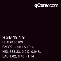 颜色代码: RGB 19 1 9 | qconv.com
