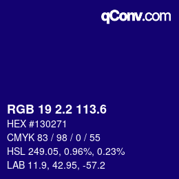 カラーコード: RGB 19 2.2 113.6 | qconv.com