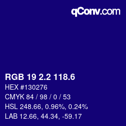 カラーコード: RGB 19 2.2 118.6 | qconv.com