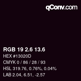 カラーコード: RGB 19 2.6 13.6 | qconv.com