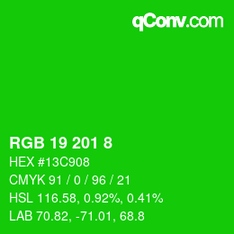 Color code: RGB 19 201 8 | qconv.com