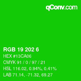 Color code: RGB 19 202 6 | qconv.com