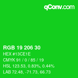 Farbcode: RGB 19 206 30 | qconv.com