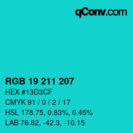 カラーコード: RGB 19 211 207 | qconv.com
