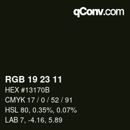 Color code: RGB 19 23 11 | qconv.com