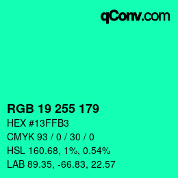 Color code: RGB 19 255 179 | qconv.com