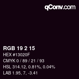 カラーコード: RGB 19 2 15 | qconv.com