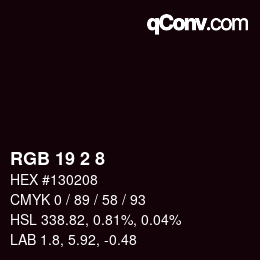 颜色代码: RGB 19 2 8 | qconv.com