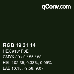 Color code: RGB 19 31 14 | qconv.com