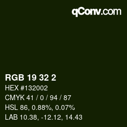 カラーコード: RGB 19 32 2 | qconv.com