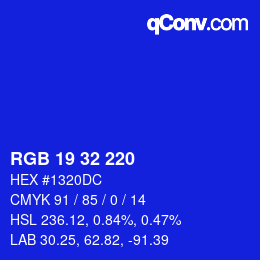 Color code: RGB 19 32 220 | qconv.com