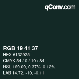 Color code: RGB 19 41 37 | qconv.com