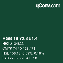 カラーコード: RGB 19 72.8 51.4 | qconv.com
