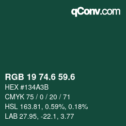 カラーコード: RGB 19 74.6 59.6 | qconv.com