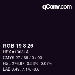 カラーコード: RGB 19 8 26 | qconv.com