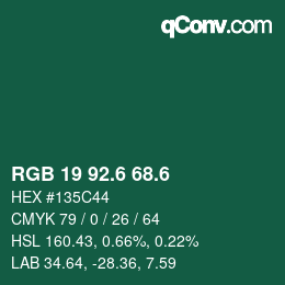 カラーコード: RGB 19 92.6 68.6 | qconv.com