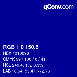 カラーコード: RGB 1 0 150.6 | qconv.com