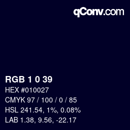 カラーコード: RGB 1 0 39 | qconv.com