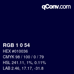 カラーコード: RGB 1 0 54 | qconv.com