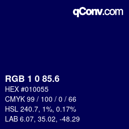カラーコード: RGB 1 0 85.6 | qconv.com