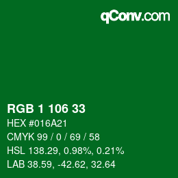 カラーコード: RGB 1 106 33 | qconv.com